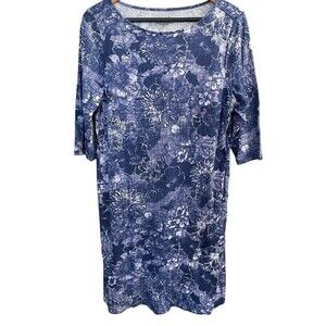 PURE Jill Wrap Style Dress Size M Blue Floral 3/4 Sleeves Pocket Stretch